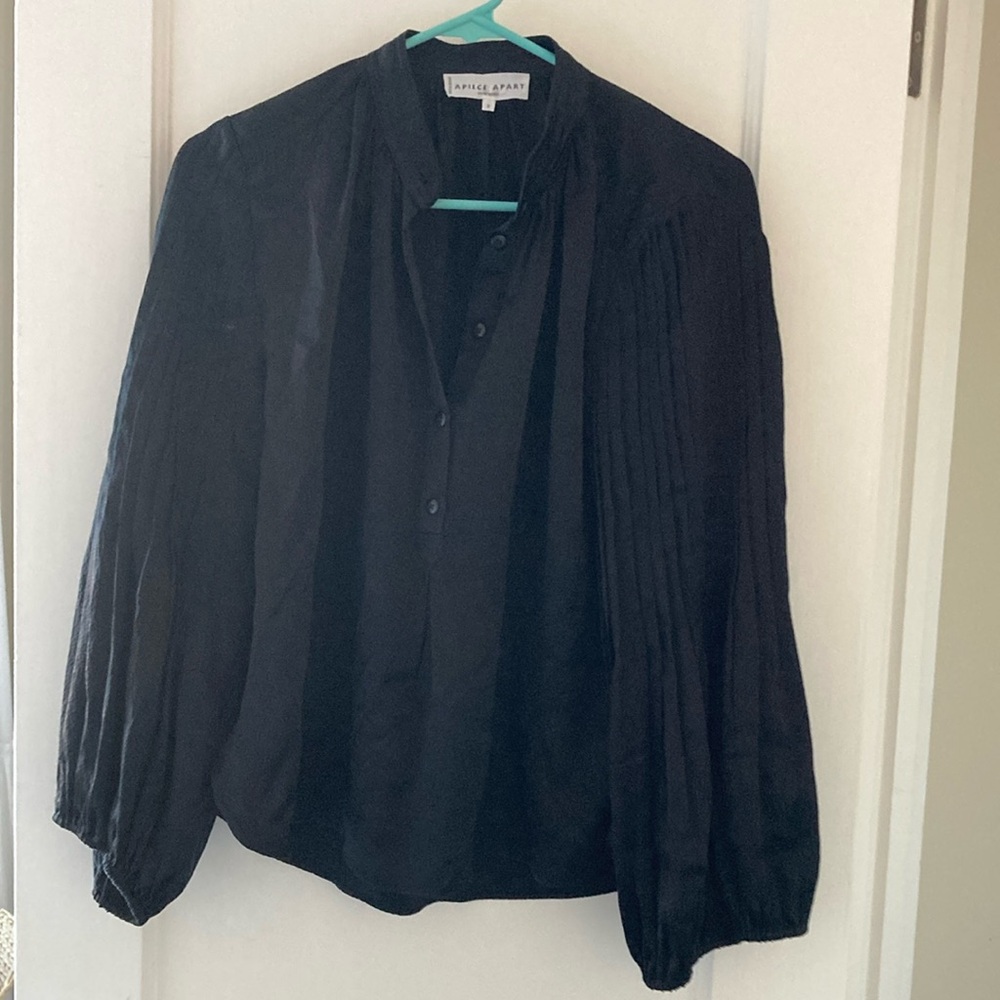 Apiece Apart Black Long-Sleeve Pleated Blouse